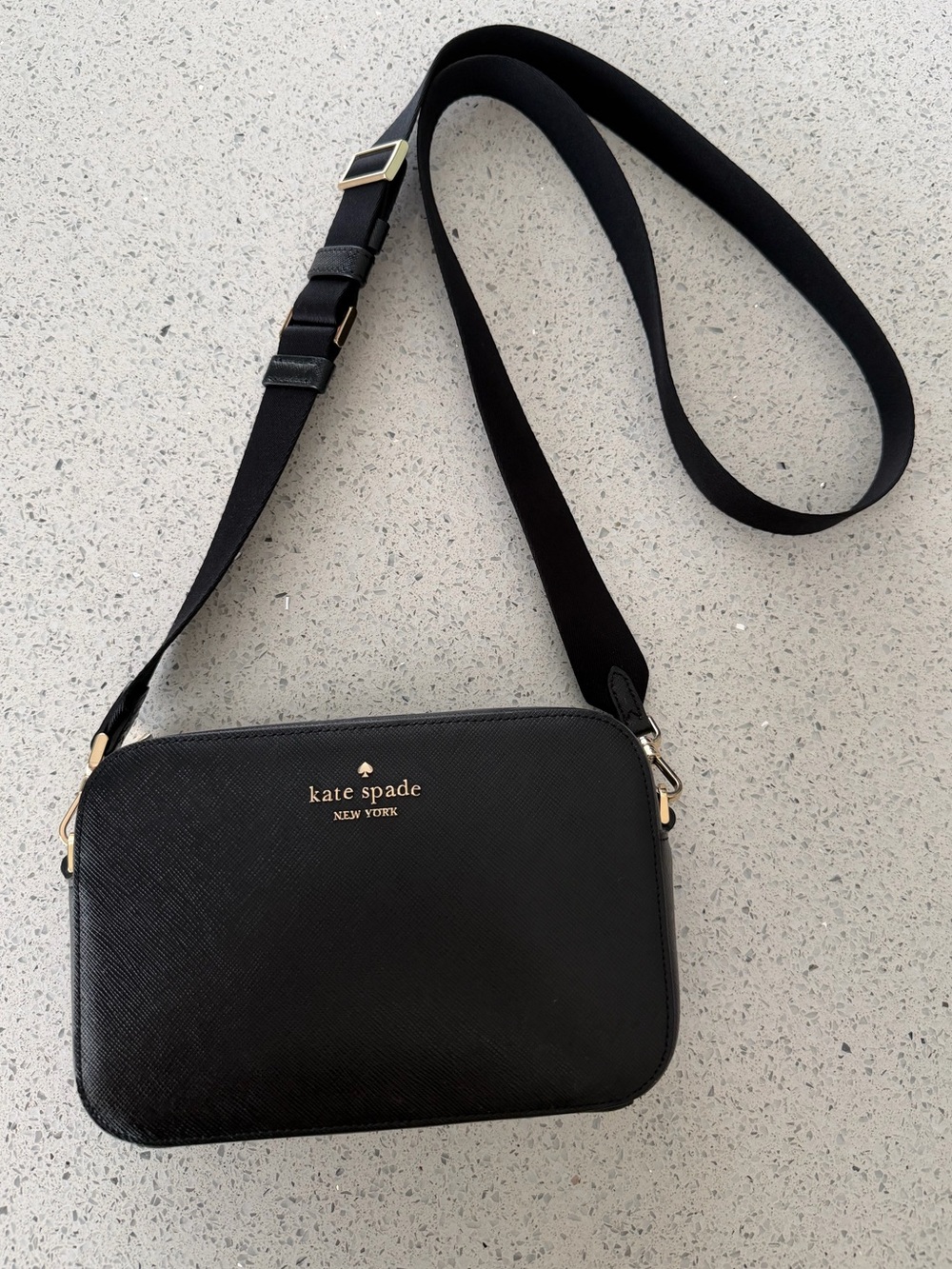 kate spade Madison black saffiano crossbody camera bag with gold hardware
